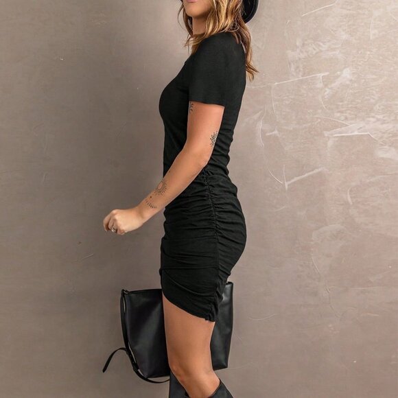 Black Casual Womens Solid Ruched Tulip Hem Dress - Picture 5 of 5